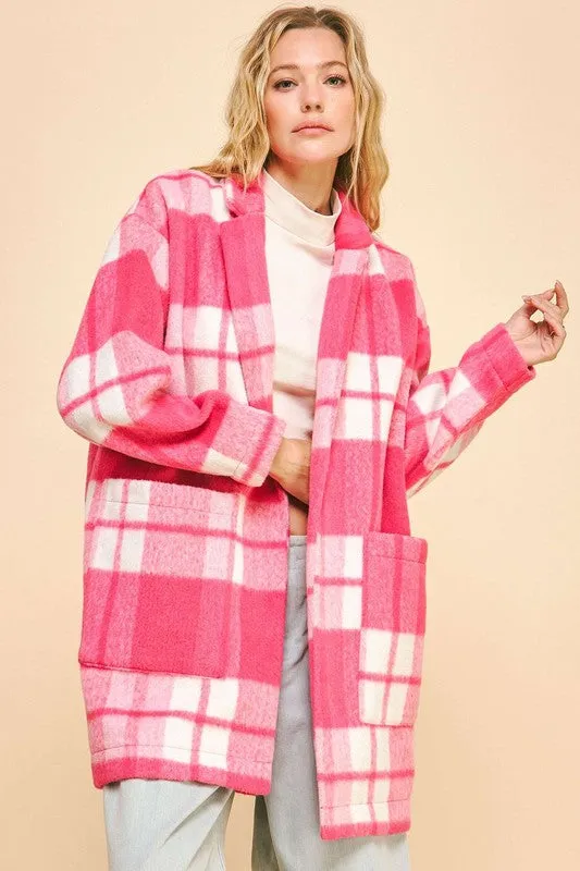 Pink Plaid Open Front Longline Coat