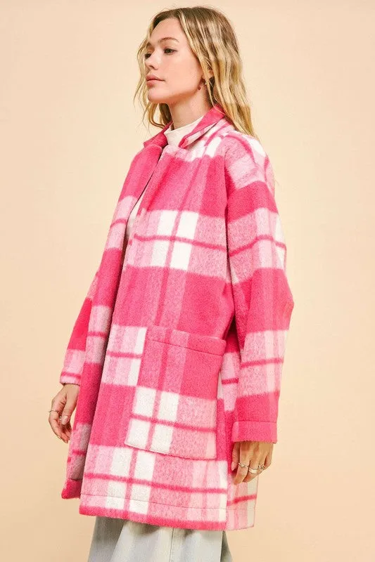 Pink Plaid Open Front Longline Coat