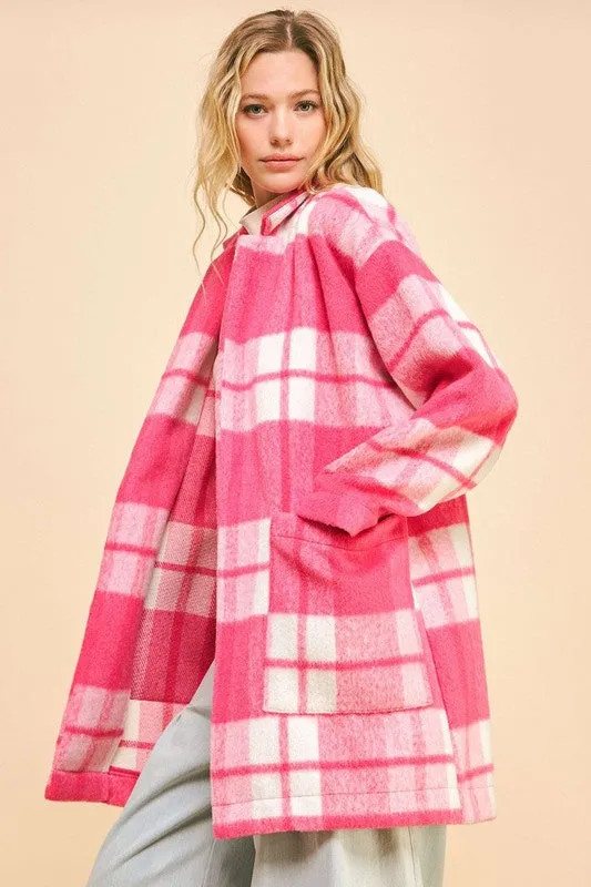 Pink Plaid Open Front Longline Coat