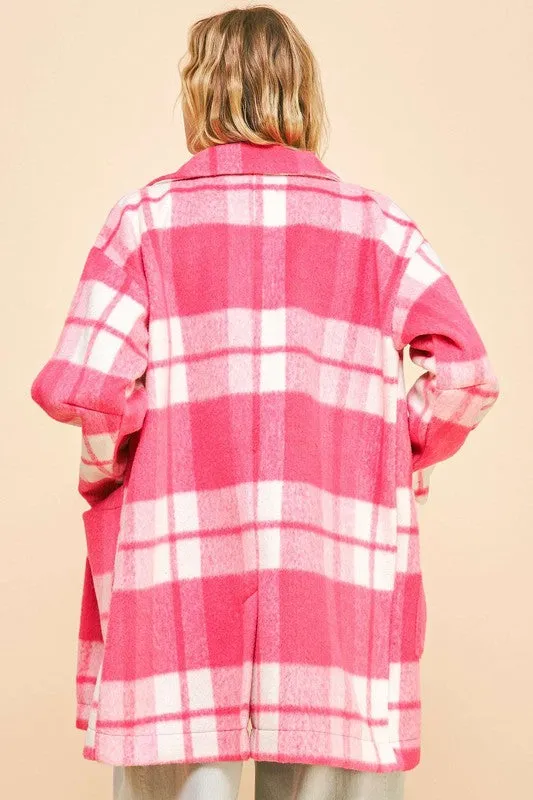 Pink Plaid Open Front Longline Coat