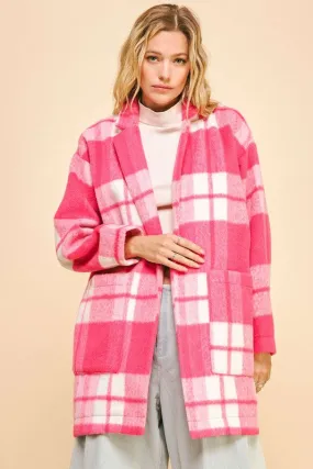 Pink Plaid Open Front Longline Coat