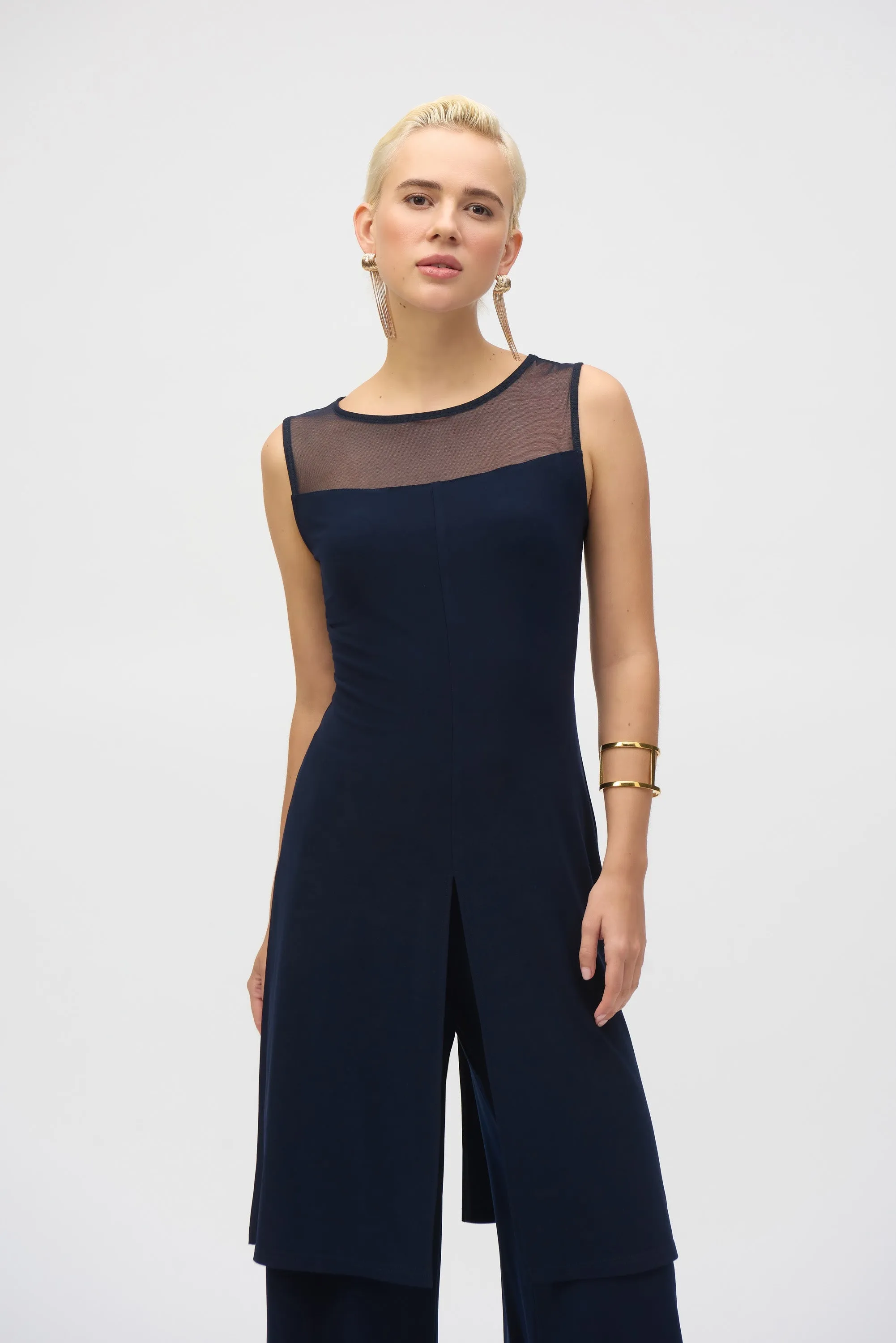 Silky Knit And Mesh Sleeveless Tunic